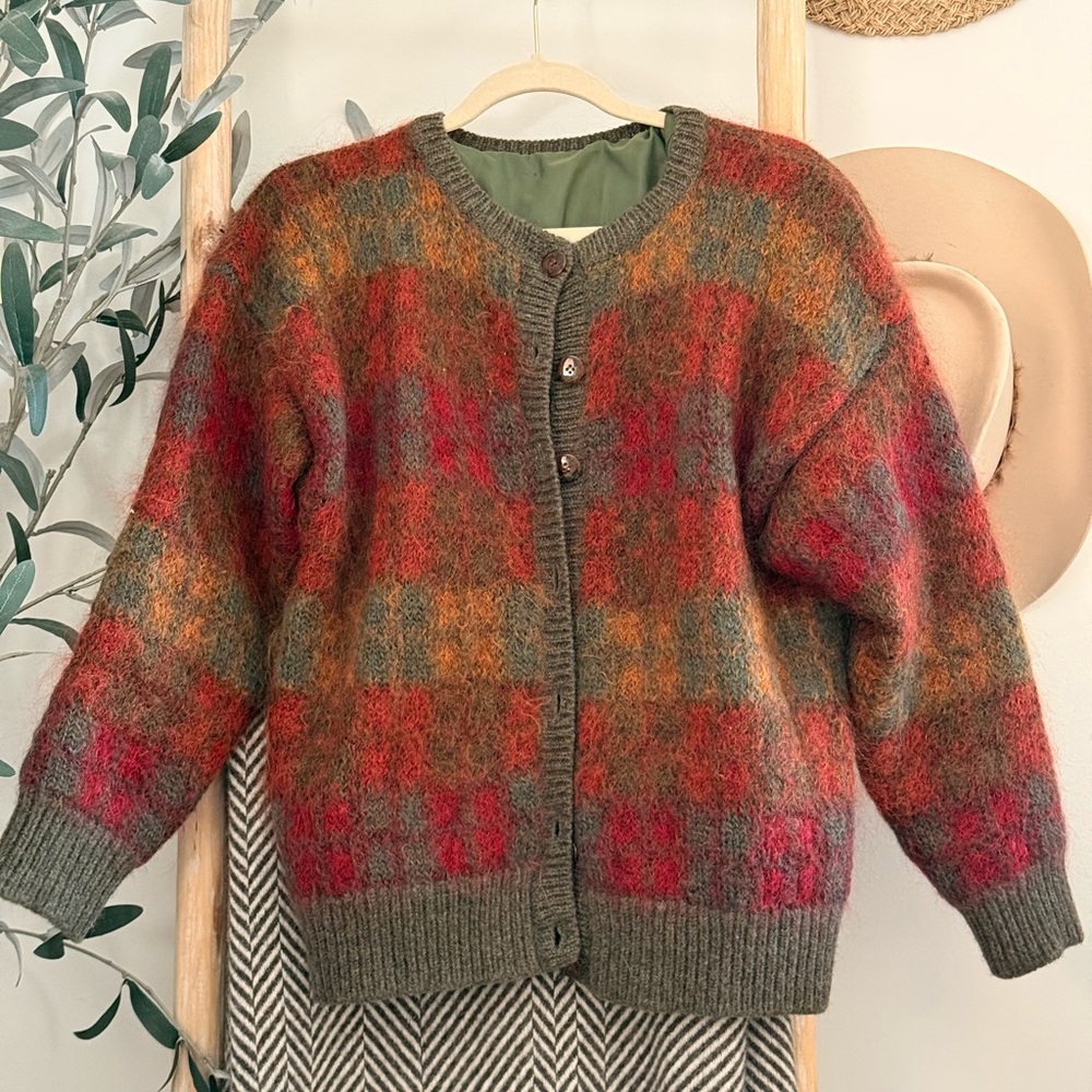 Vintage Cozy Multicolor Plaid Knit Mohair Blend Cardigan - Olive, Red & Gold